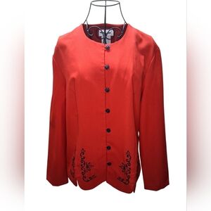 ​Vintage Miss Dorby Red Embroidered Blazer Jacket Size 16 Floral Button Up Y2K
